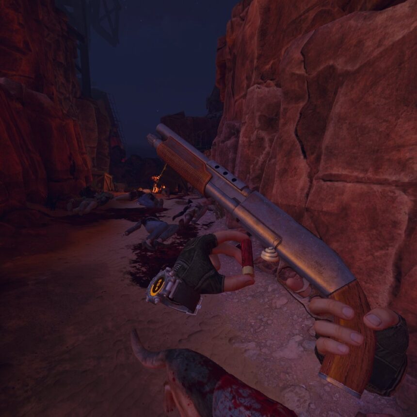 Ein Ausschnitt aus Arizona Sunshine 2, indem die Hauptfigur in der Wüste eine Schrotflinte nachlädt.